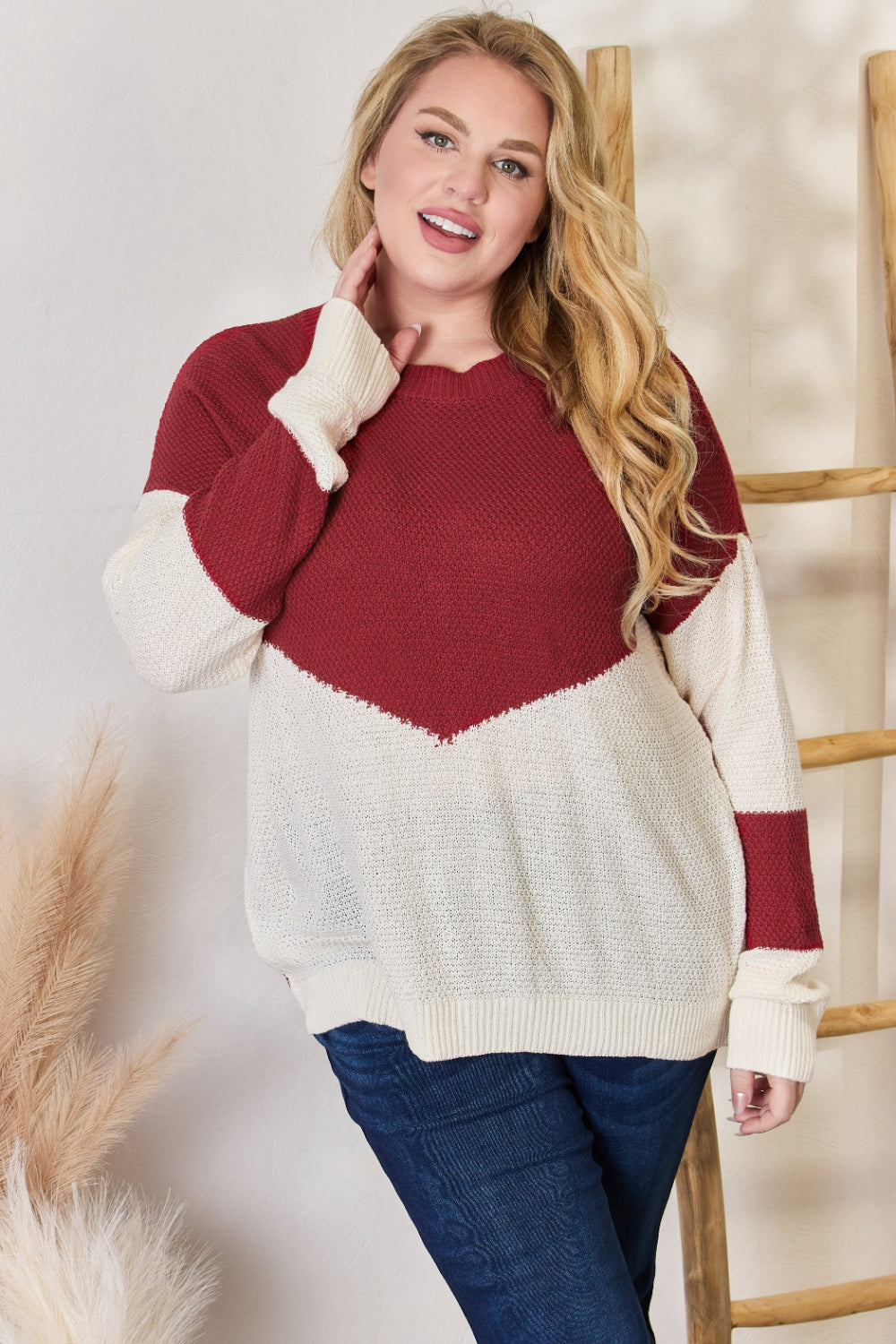 Hailey & Co Full Size Color Block Dropped Shoulder Knit Top | Gulf Resellers