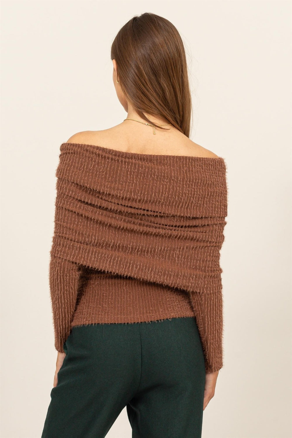 HYFVE Fuzzy Off Shoulder Textured Knit Top 8929 | Gulf Resellers