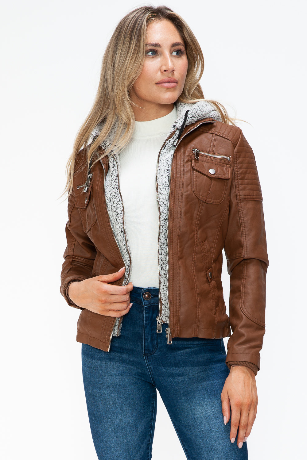 YMI Removable Faux Layered Multi-Pocket Jacket with Fuzzy Hood 15793 | Gulf Resellers