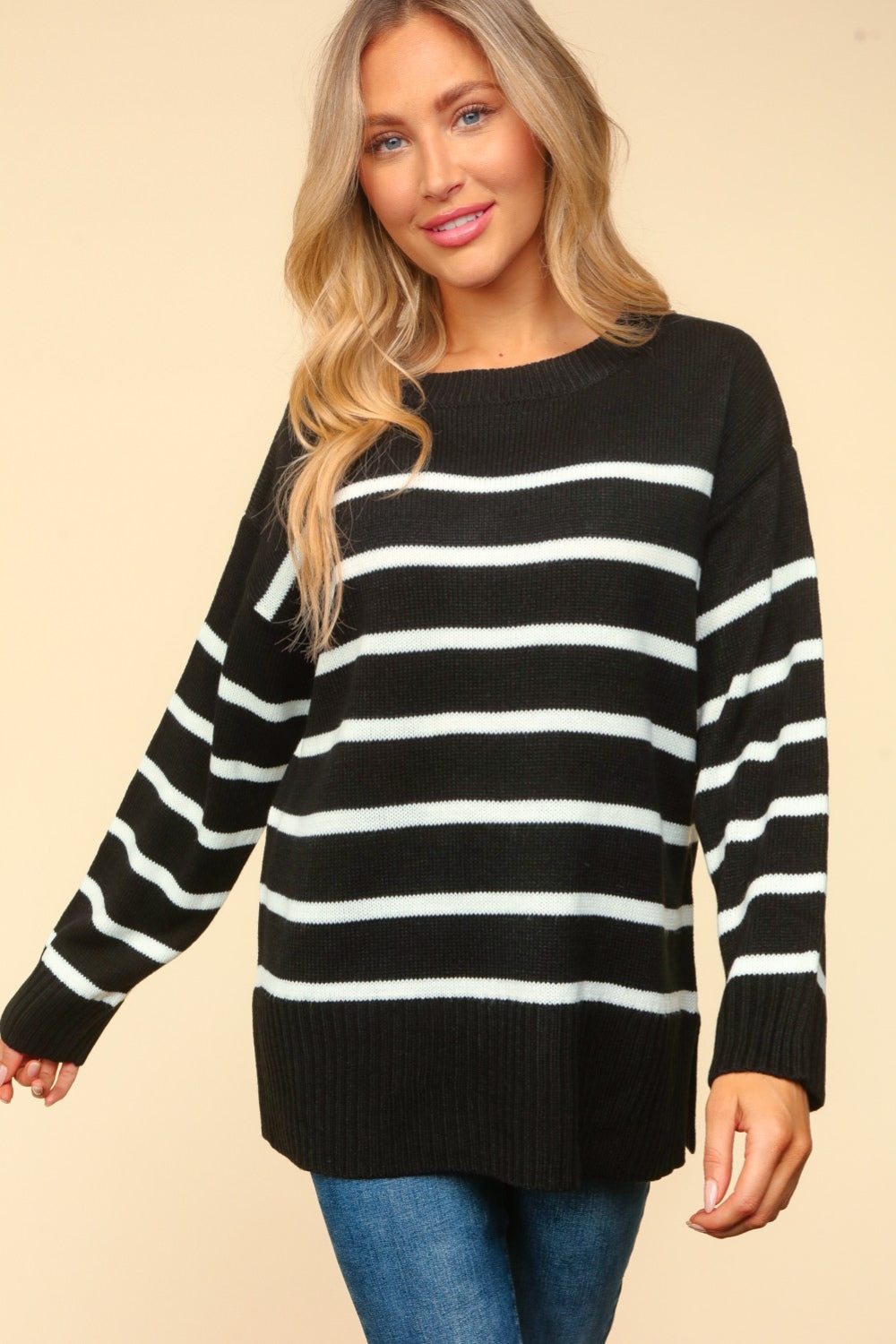 Haptics Full Size Striped Contrast Side Slit Sweater 8859 | Gulf Resellers
