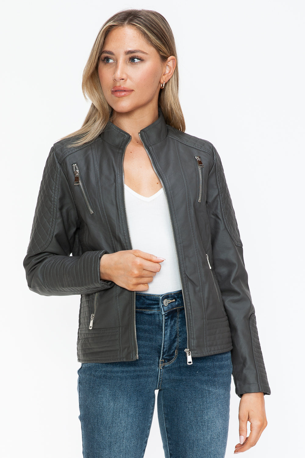 Snobbish Faux Leather Zip Up Mock Neck Jacket 15214 | Gulf Resellers