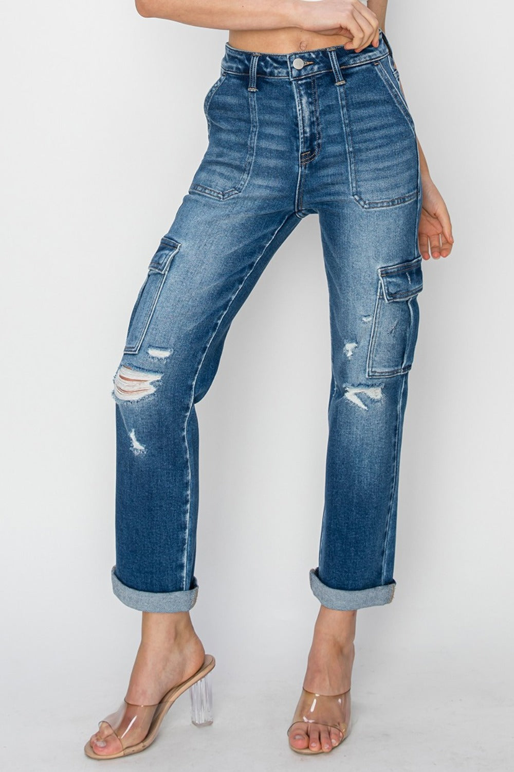 RISEN Full Size High Rise Cargo Ankle Roll Up Straight Jeans 10781 | Gulf Resellers