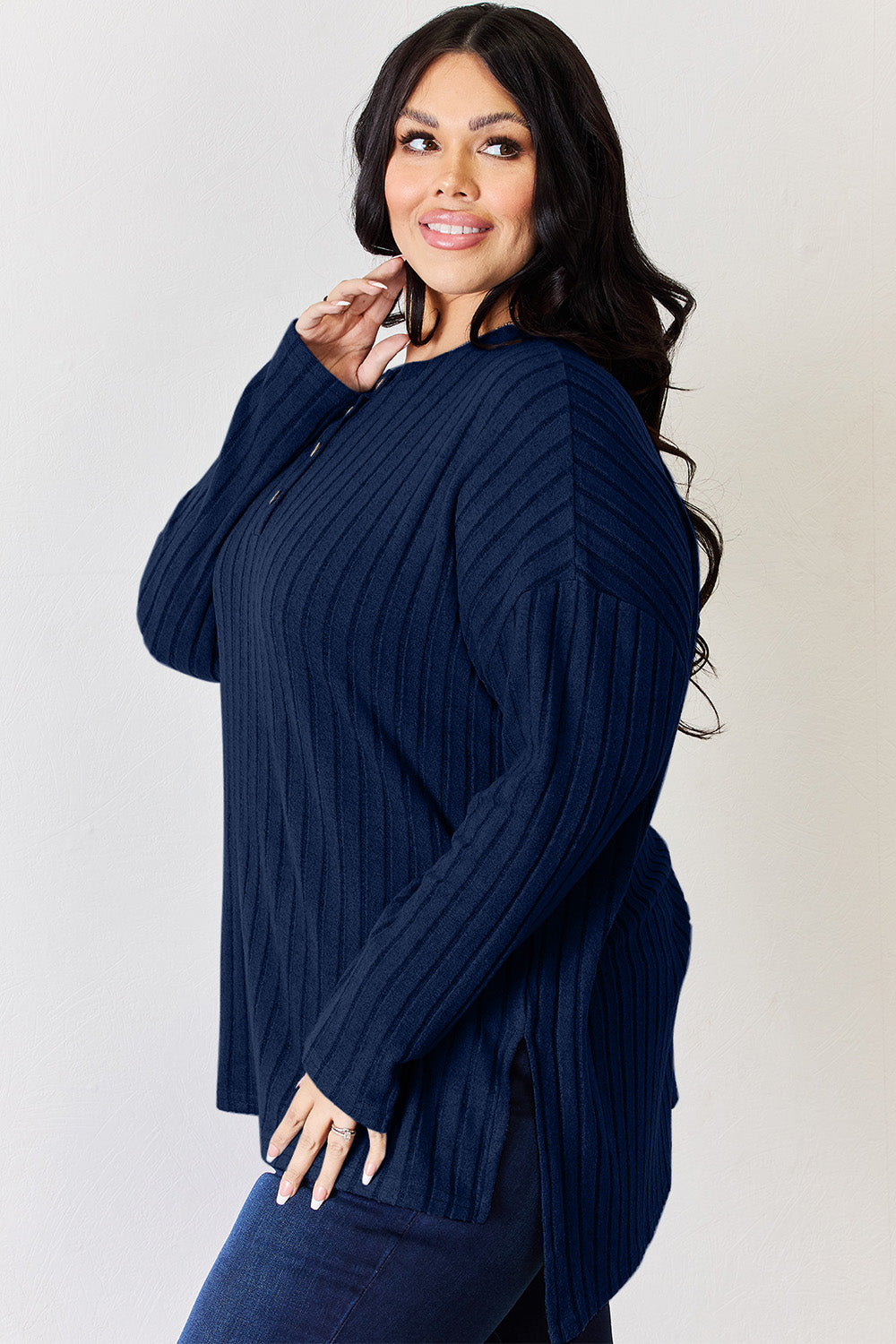 Basic Bae Full Size Ribbed Half Button Long Sleeve High-Low T-Shirt | Gulf Resellers