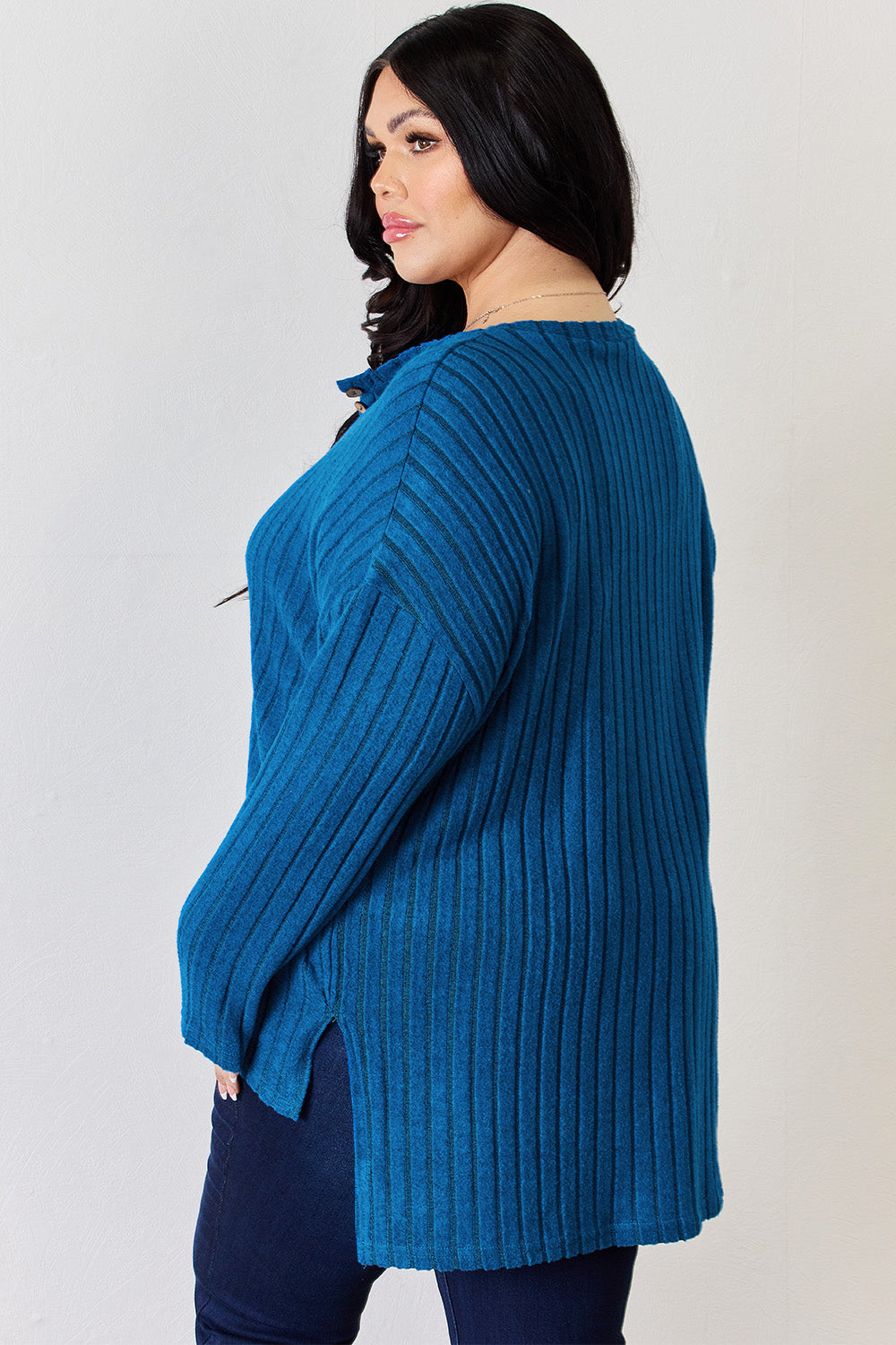 Basic Bae Full Size Ribbed Half Button Long Sleeve High-Low T-Shirt | Gulf Resellers