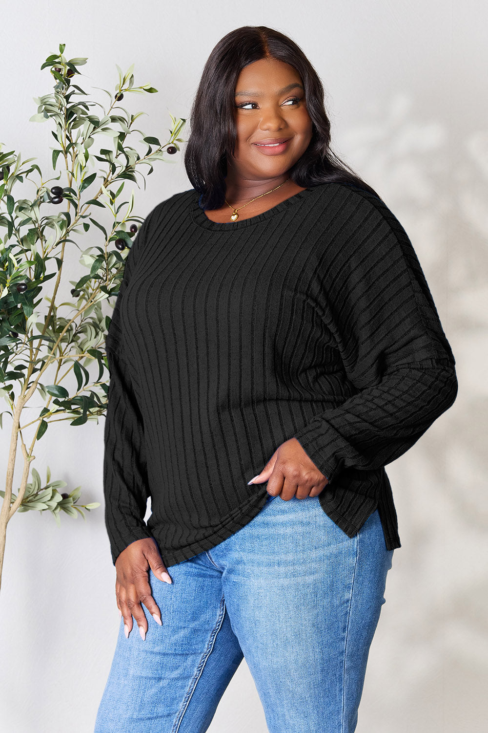 Basic Bae Full Size Ribbed Round Neck Slit Knit Top | Gulf Resellers