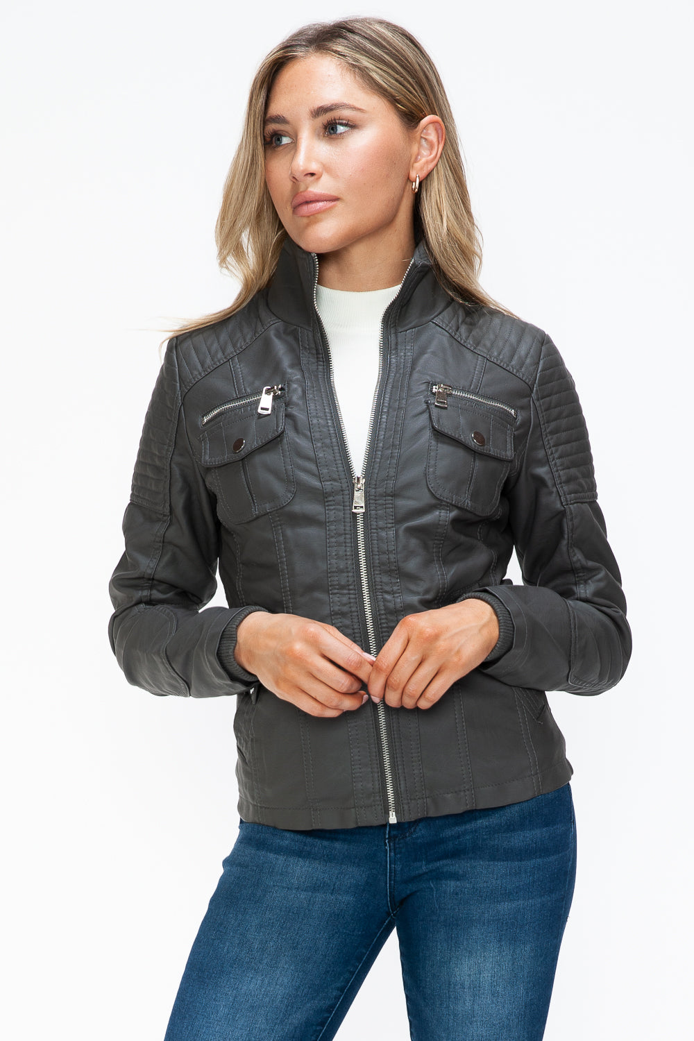 YMI Removable Faux Layered Multi-Pocket Jacket with Fuzzy Hood 15253 | Gulf Resellers
