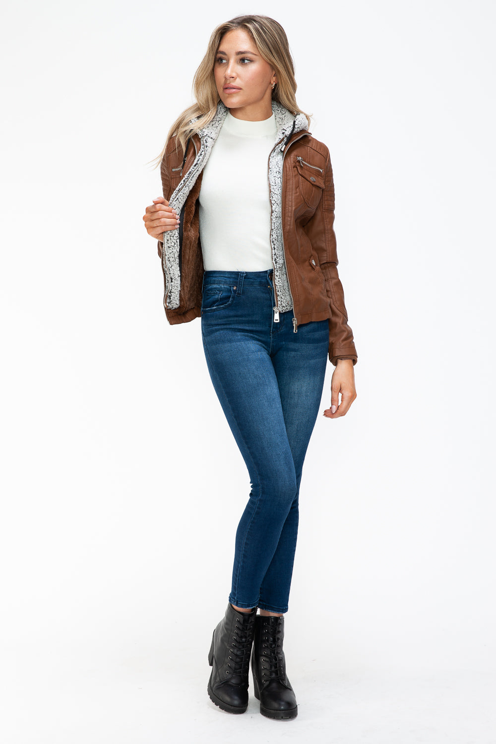 YMI Removable Faux Layered Multi-Pocket Jacket with Fuzzy Hood 15806 | Gulf Resellers