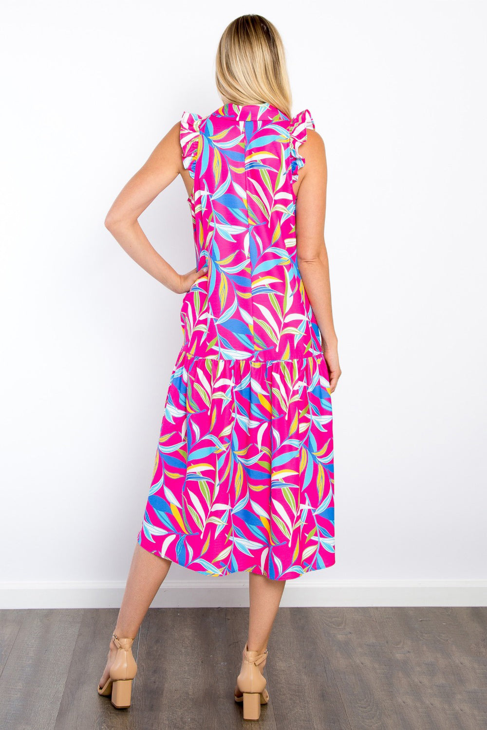 Be Stage Print Ruffled Midi Dress with Pockets 6713 | Gulf Resellers