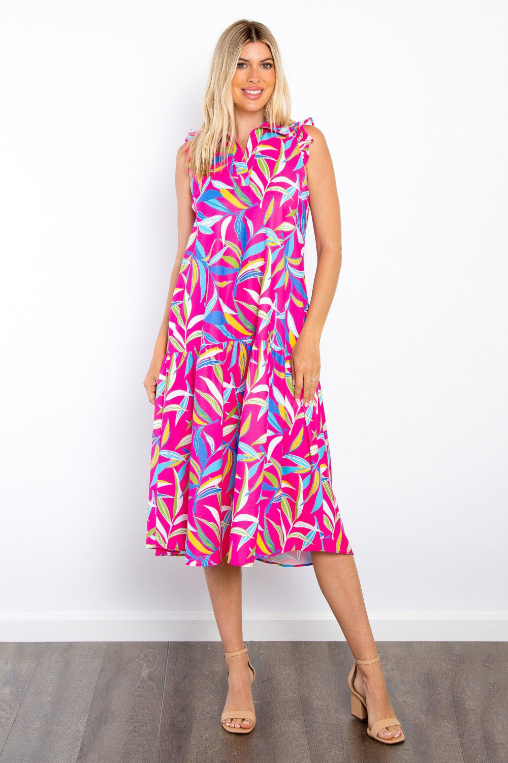 Be Stage Print Ruffled Midi Dress with Pockets 6712 | Gulf Resellers