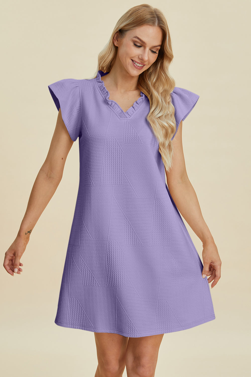 Double Take Full Size Ruffled V-Neck Cap Sleeve Dress 15091 | Gulf Resellers