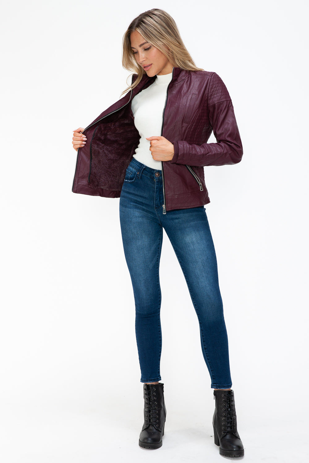 YMI Faux Layered Double-Zipper Jacket with Fuzzy Hood 15741 | Gulf Resellers