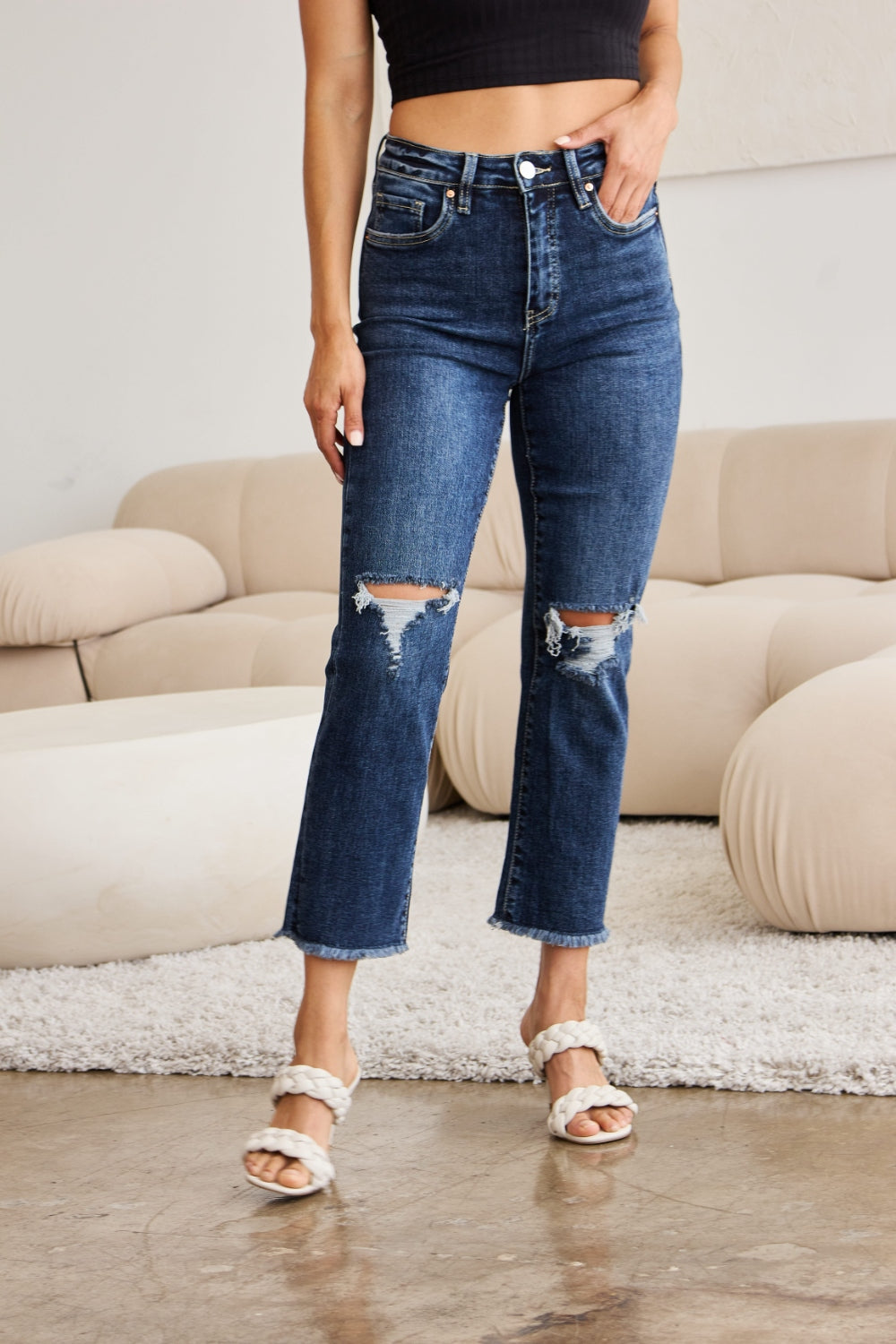 RFM Crop Dylan Full Size Tummy Control Distressed High Waist Raw Hem Jeans 4915 | Gulf Resellers