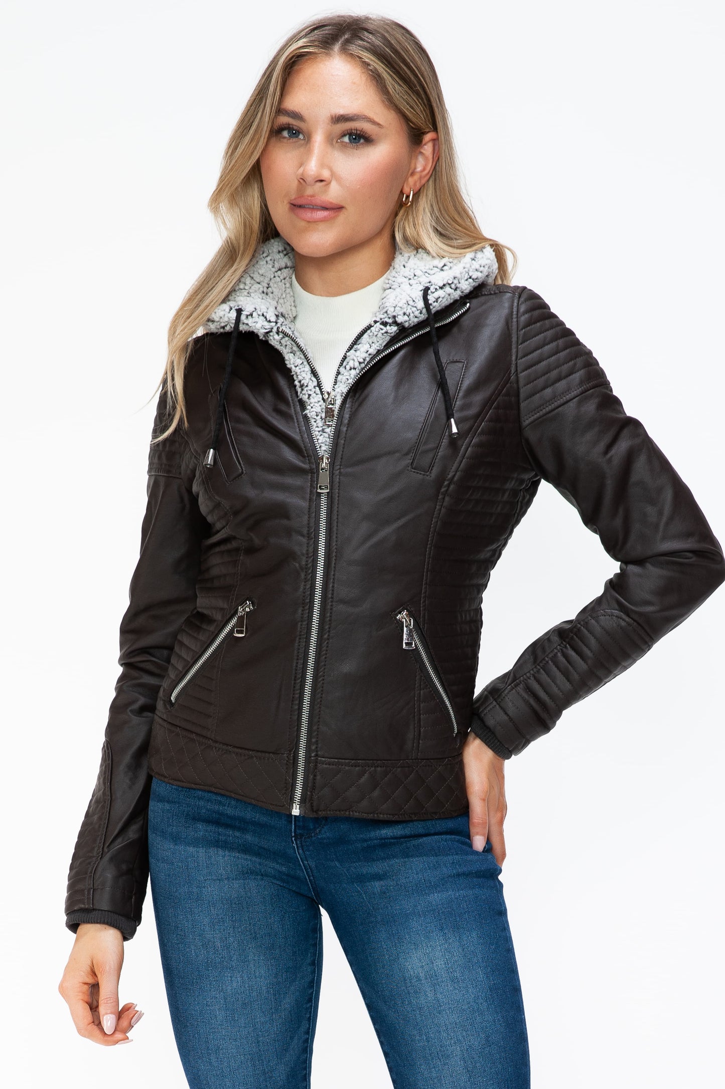 YMI Faux Layered Double-Zipper Jacket with Fuzzy Hood 15944 | Gulf Resellers