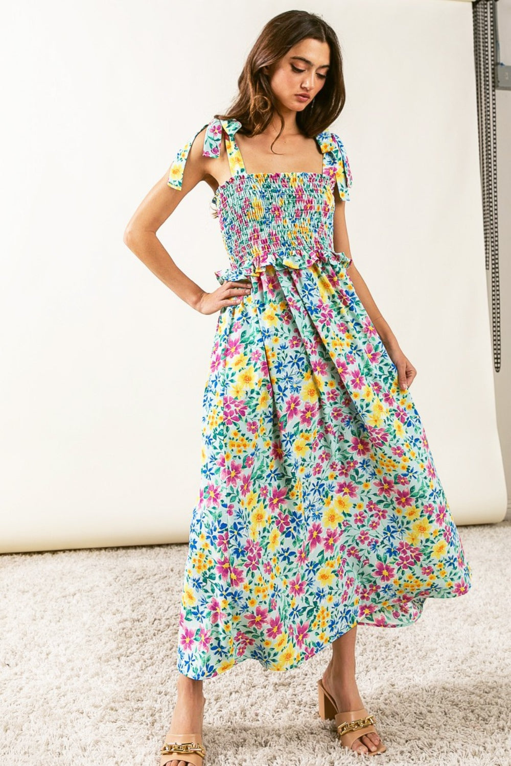BiBi Floral Ruffle Trim Smocked Cami Dress 5459 | Gulf Resellers