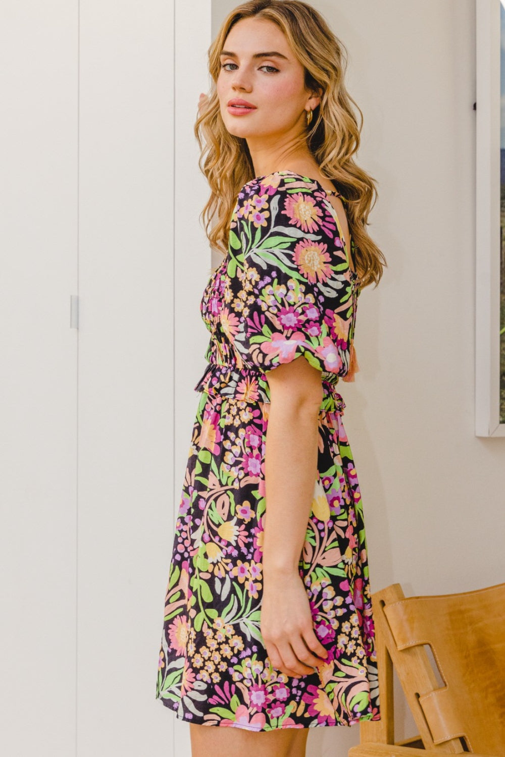 ODDI Full Size Floral Tie-Back Mini Dress 6454 | Gulf Resellers