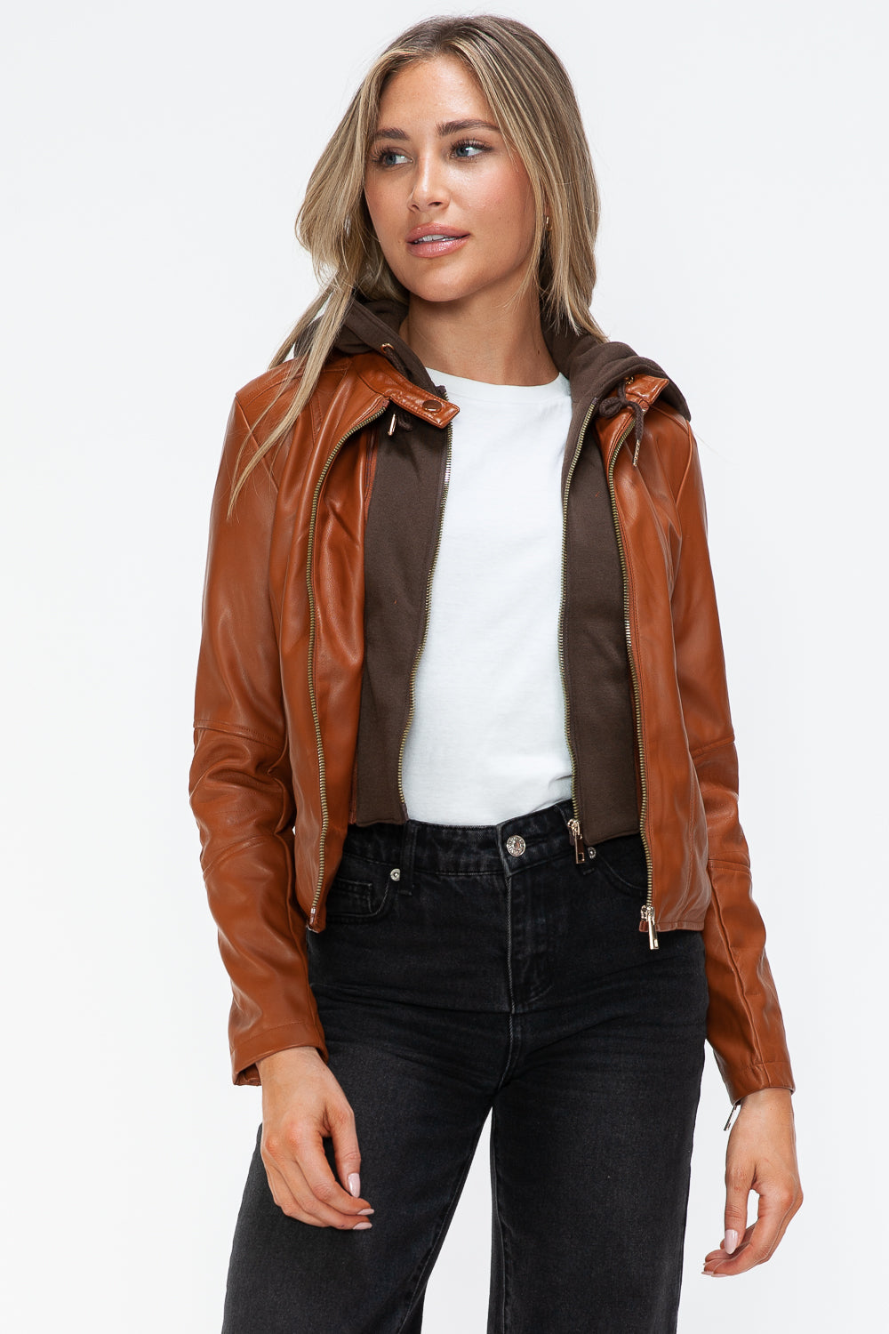 Snobbish Faux Leather Zip Up Drawstring Hooded Jacket 16011 | Gulf Resellers