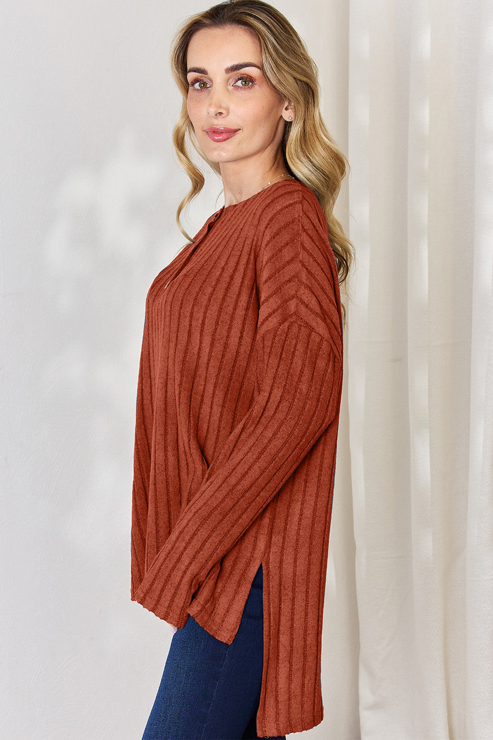 Basic Bae Full Size Ribbed Half Button Long Sleeve High-Low T-Shirt | Gulf Resellers