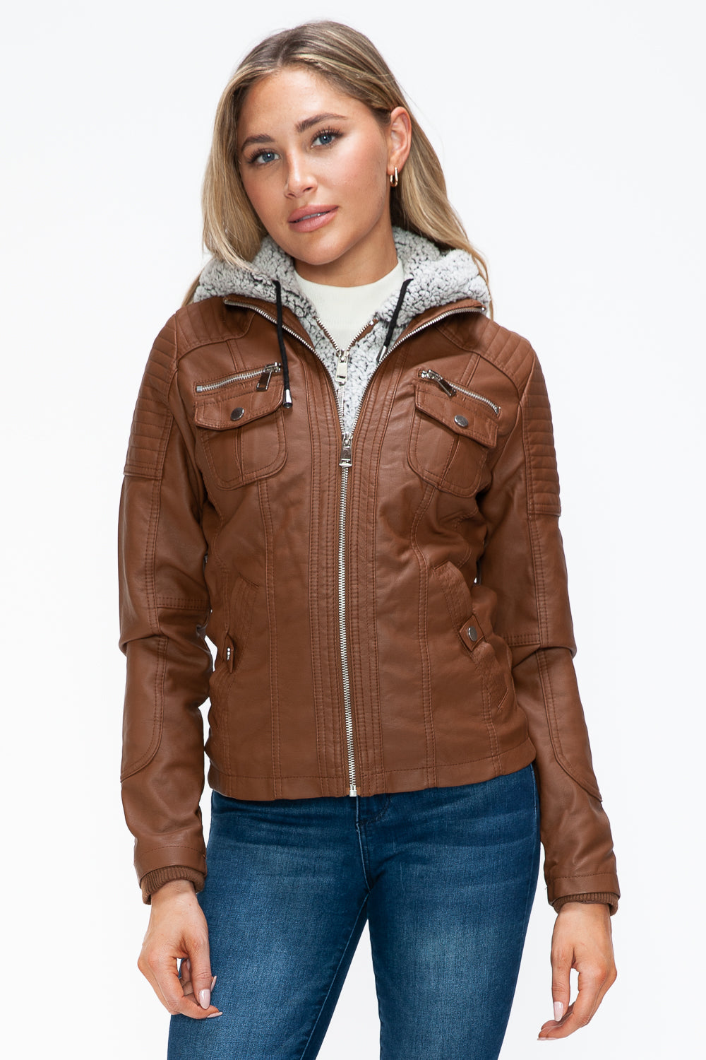 YMI Removable Faux Layered Multi-Pocket Jacket with Fuzzy Hood 15784 | Gulf Resellers