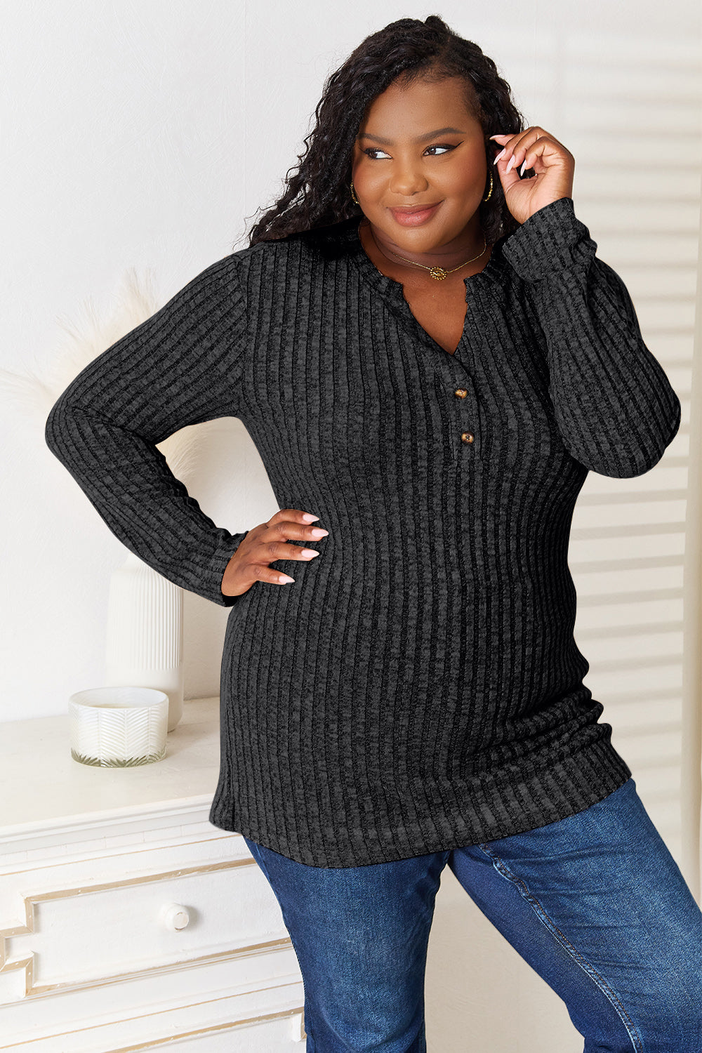 Double Take Notched Neck Ribbed Long Sleeve T-Shirt | Gulf Resellers