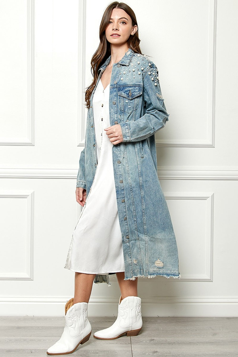 Veveret Full Size Distressed Raw Hem Pearl Detail Button Up Jacket 13476 | Gulf Resellers
