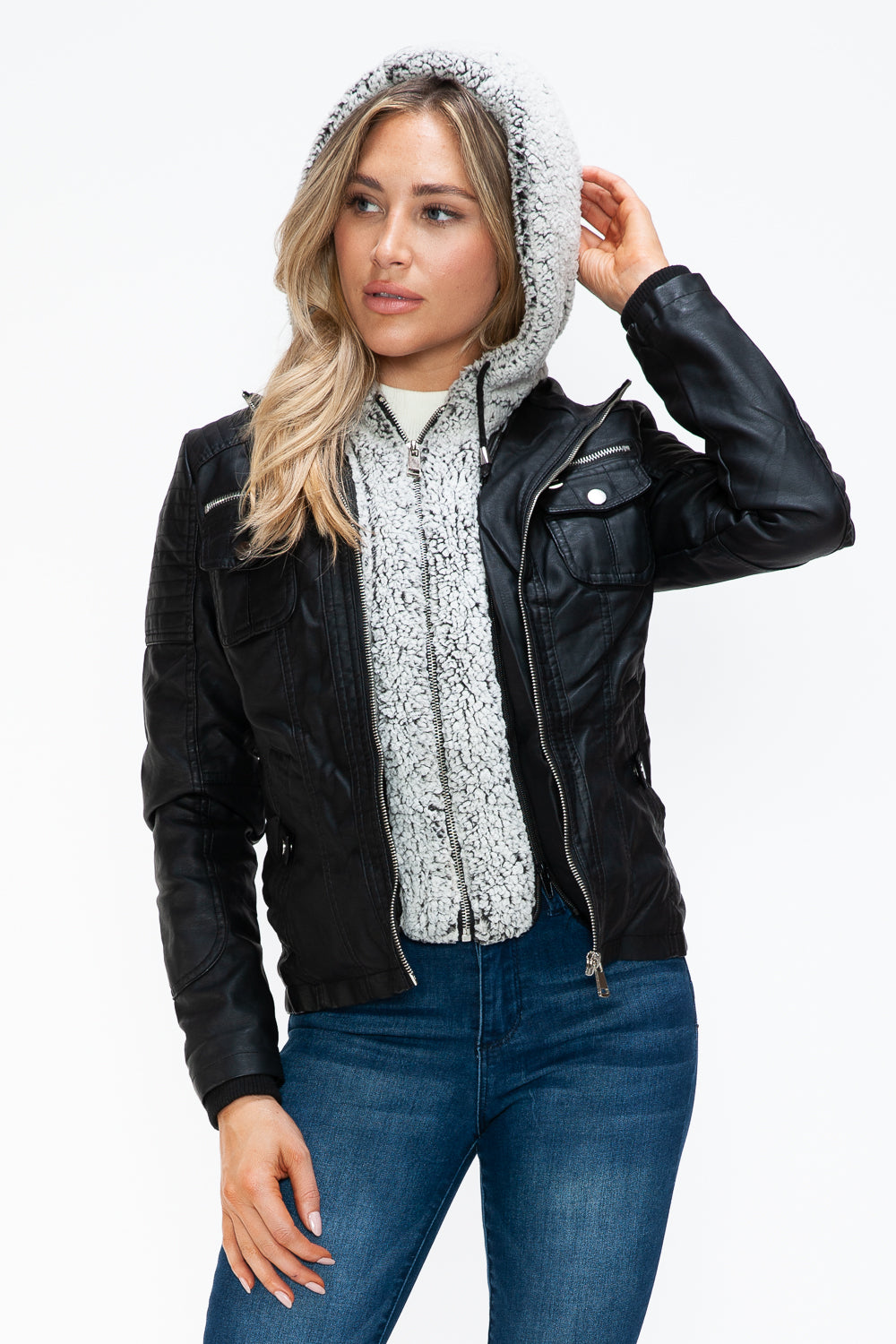 YMI Removable Faux Layered Multi-Pocket Jacket with Fuzzy Hood 15816 | Gulf Resellers