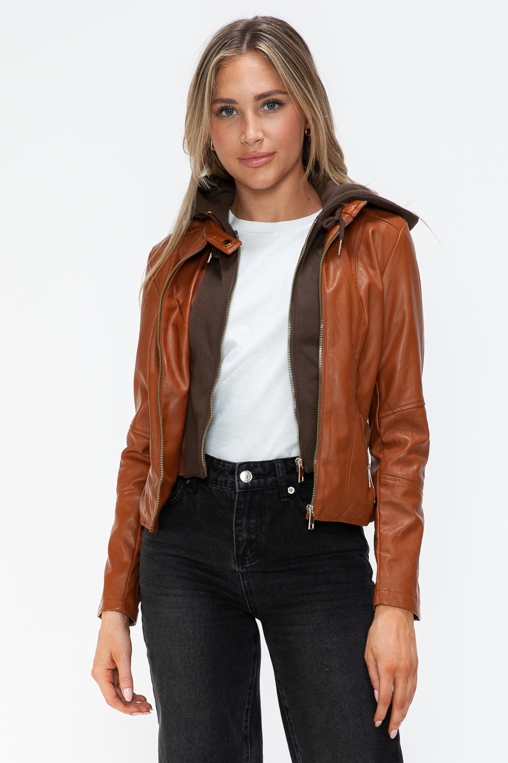 Snobbish Faux Leather Zip Up Drawstring Hooded Jacket 16010 | Gulf Resellers