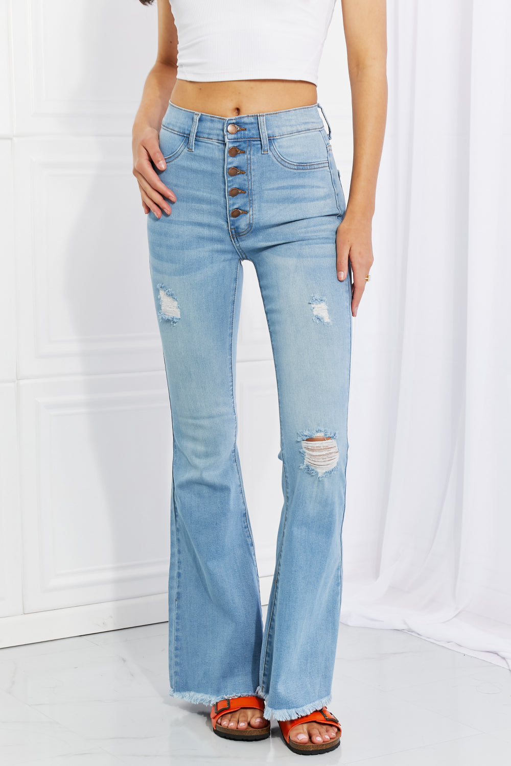 Vibrant MIU Full Size Jess Button Flare Jeans | Gulf Resellers
