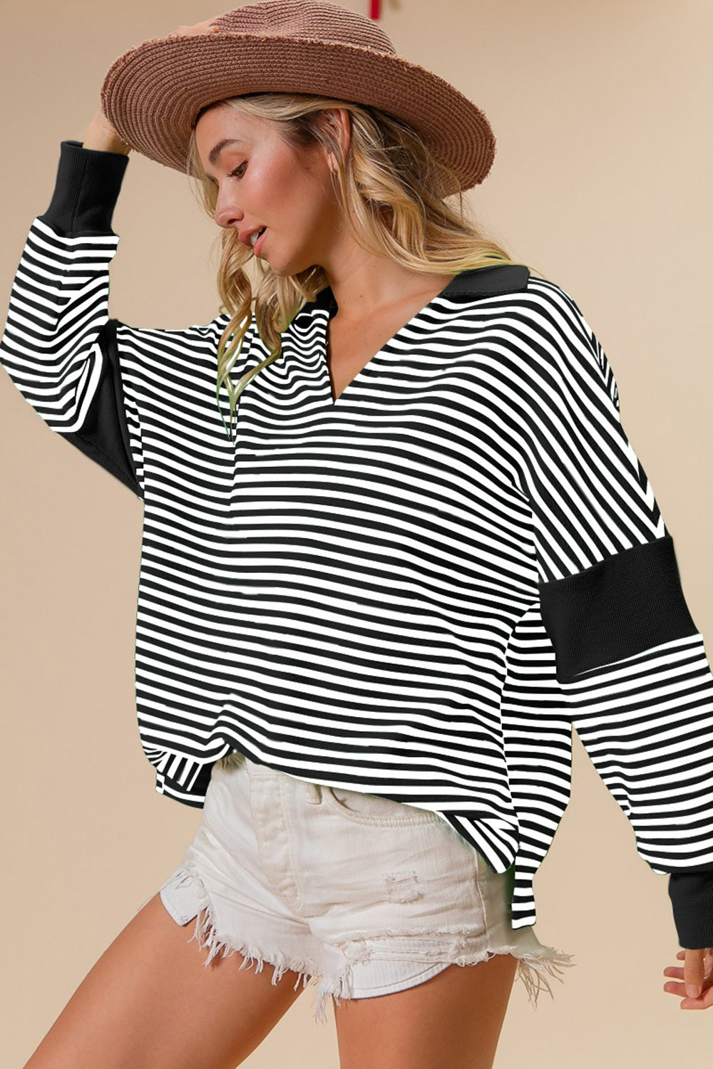 BiBi Striped Contrast Long Sleeve Knit Top 8227 | Gulf Resellers