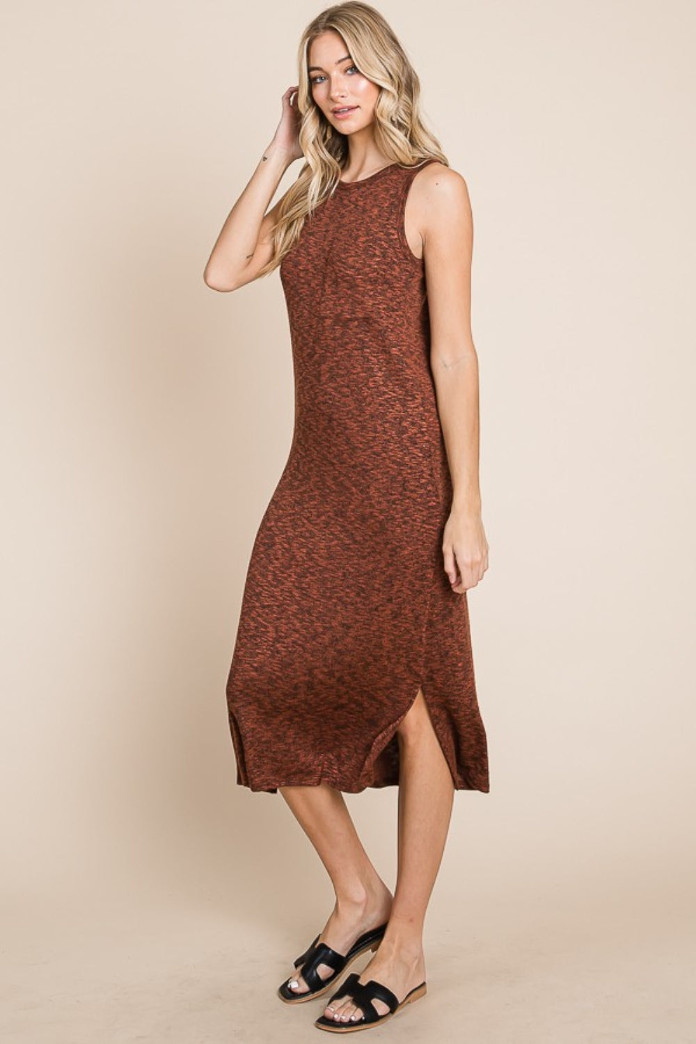 BOMBOM Slit Round Neck Sleeveless Midi Dress 9273 | Gulf Resellers