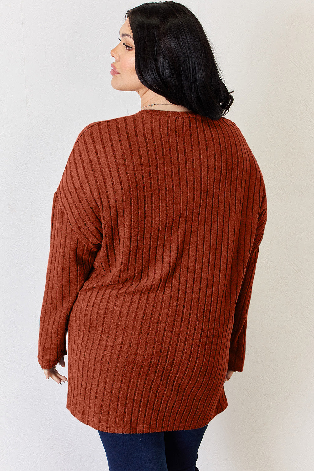 Basic Bae Full Size Ribbed Half Button Long Sleeve High-Low T-Shirt | Gulf Resellers