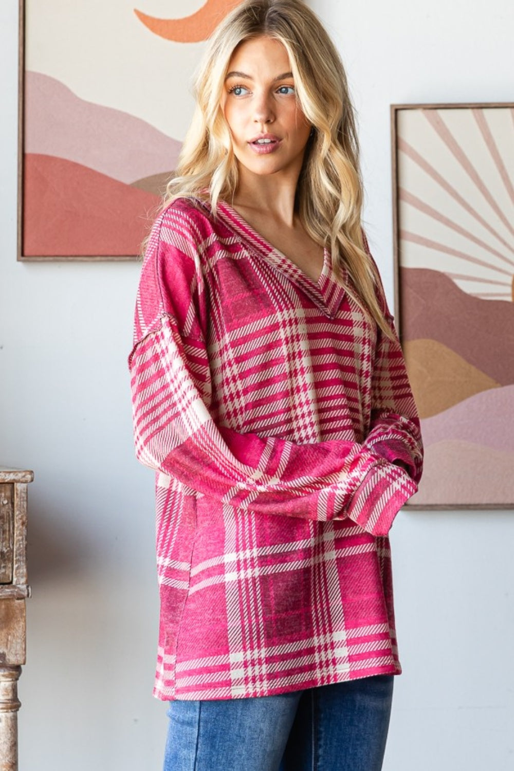 Heimish Plaid Drop Shoulder V-Neck T-Shirt 18196 | Gulf Resellers