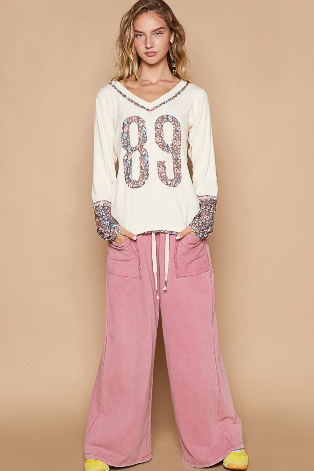 POL V-Neck Long Sleeve Floral Number Patch T-Shirt 19848 | Gulf Resellers