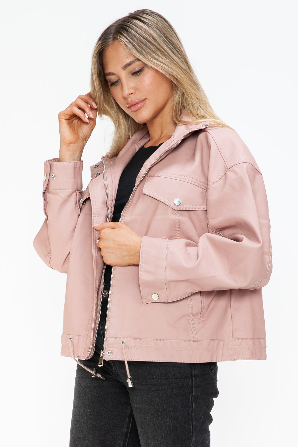How Dare U Drawstring Hem PU Leather Zip Up Jacket 15554 | Gulf Resellers