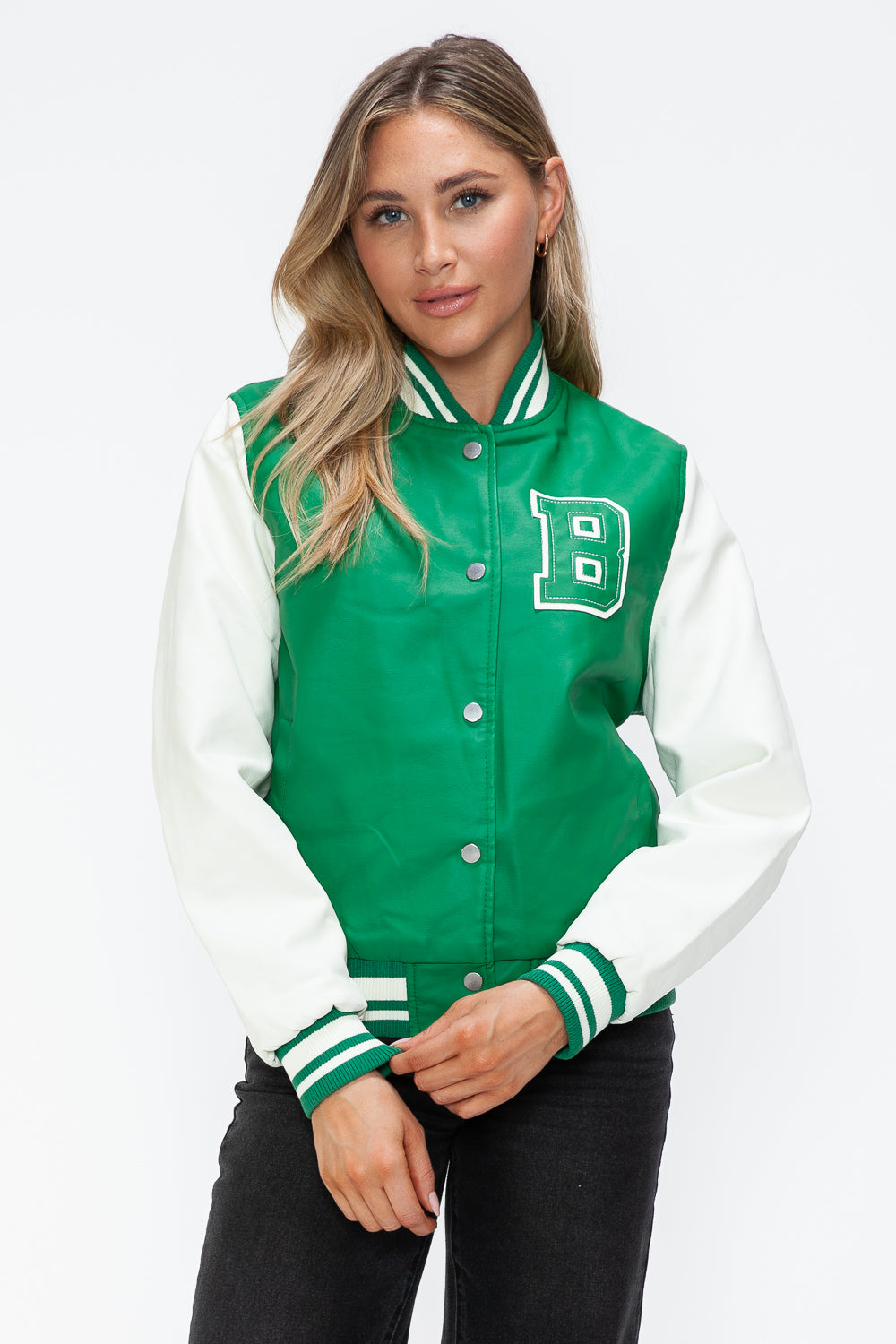 Love Me Now PU Leather Contrast Snap Down Bomber Jacket 15777 | Gulf Resellers