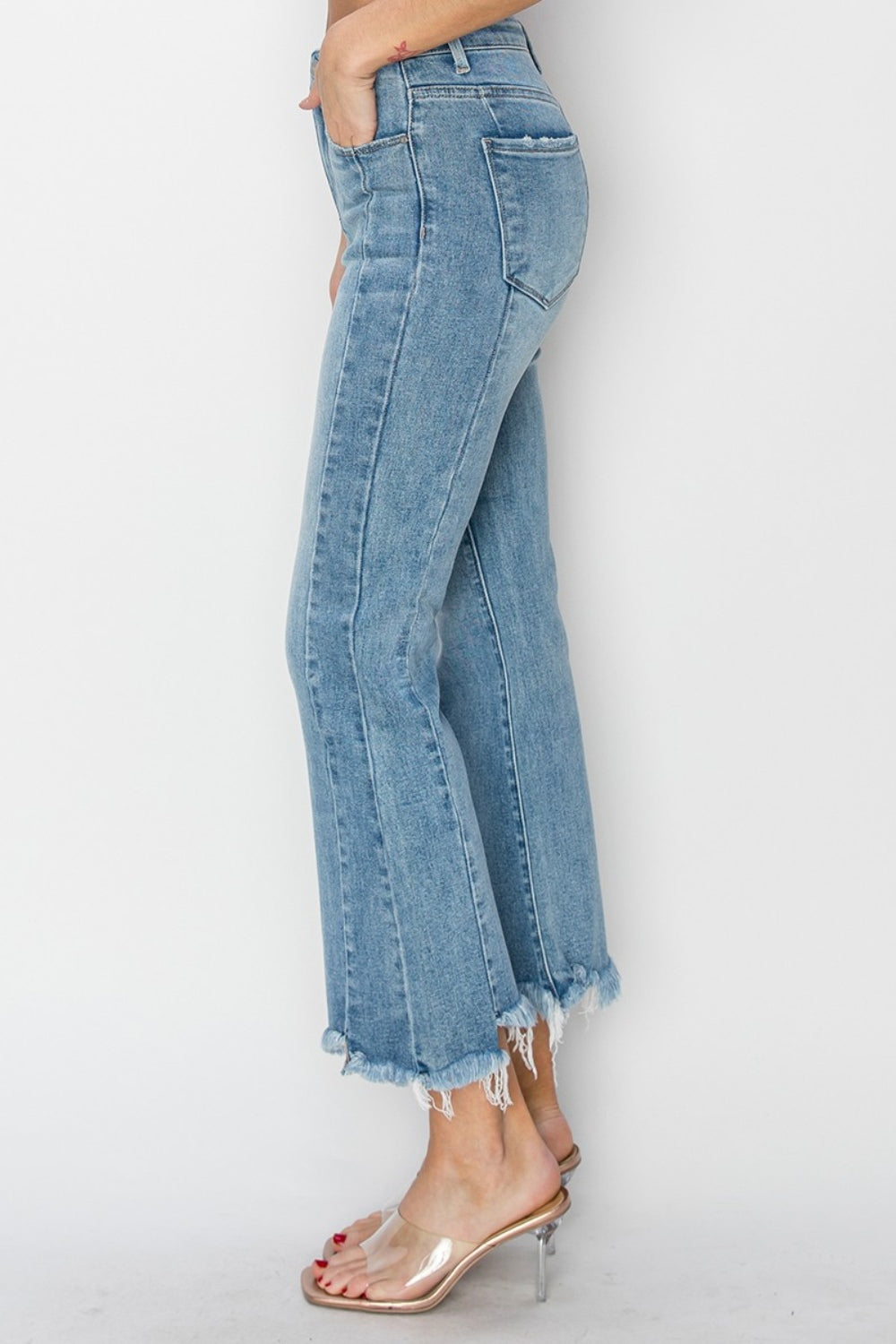 RISEN Full Size High Rise Frayed Hem Flare Jeans 5953 | Gulf Resellers