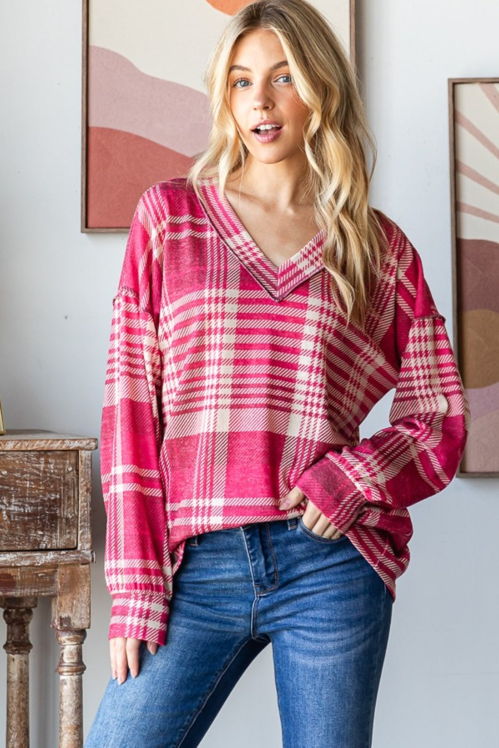 Heimish Plaid Drop Shoulder V-Neck T-Shirt 18197 | Gulf Resellers