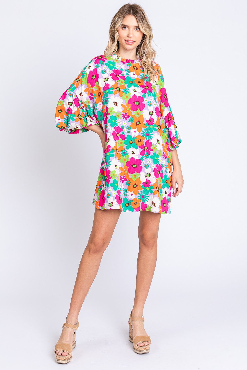 GeeGee Full Size Floral Round Neck Lantern Sleeve Mini Dress 5400 | Gulf Resellers