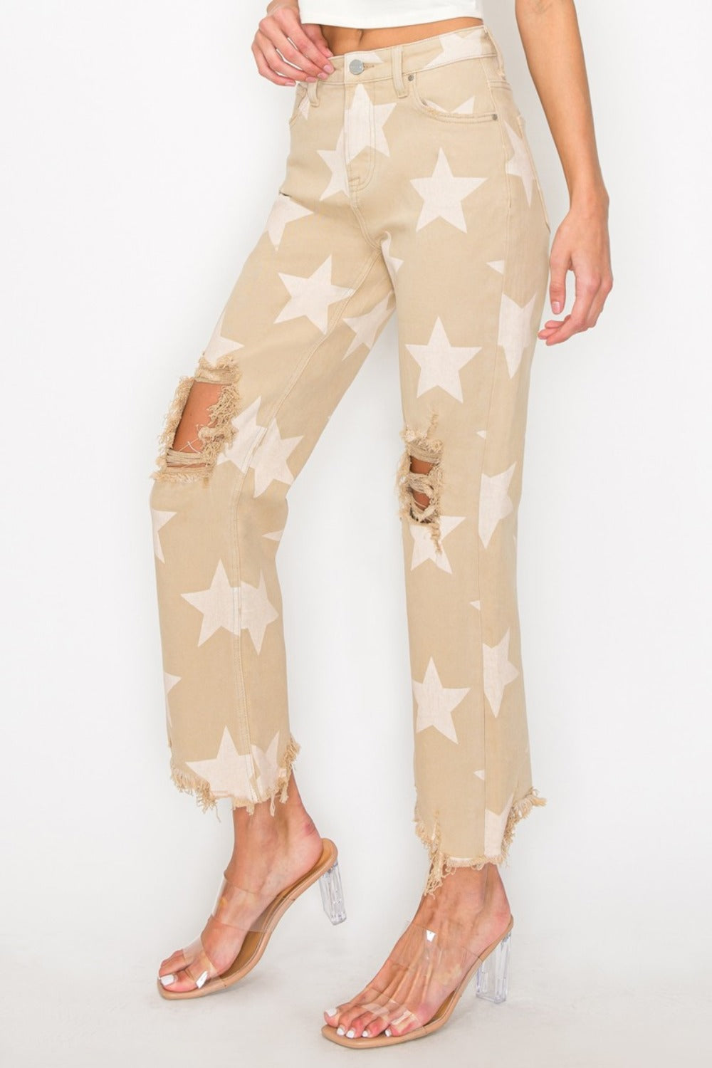 RISEN Full Size High Rise Star Printed Frayed Hem Jeans 8590 | Gulf Resellers