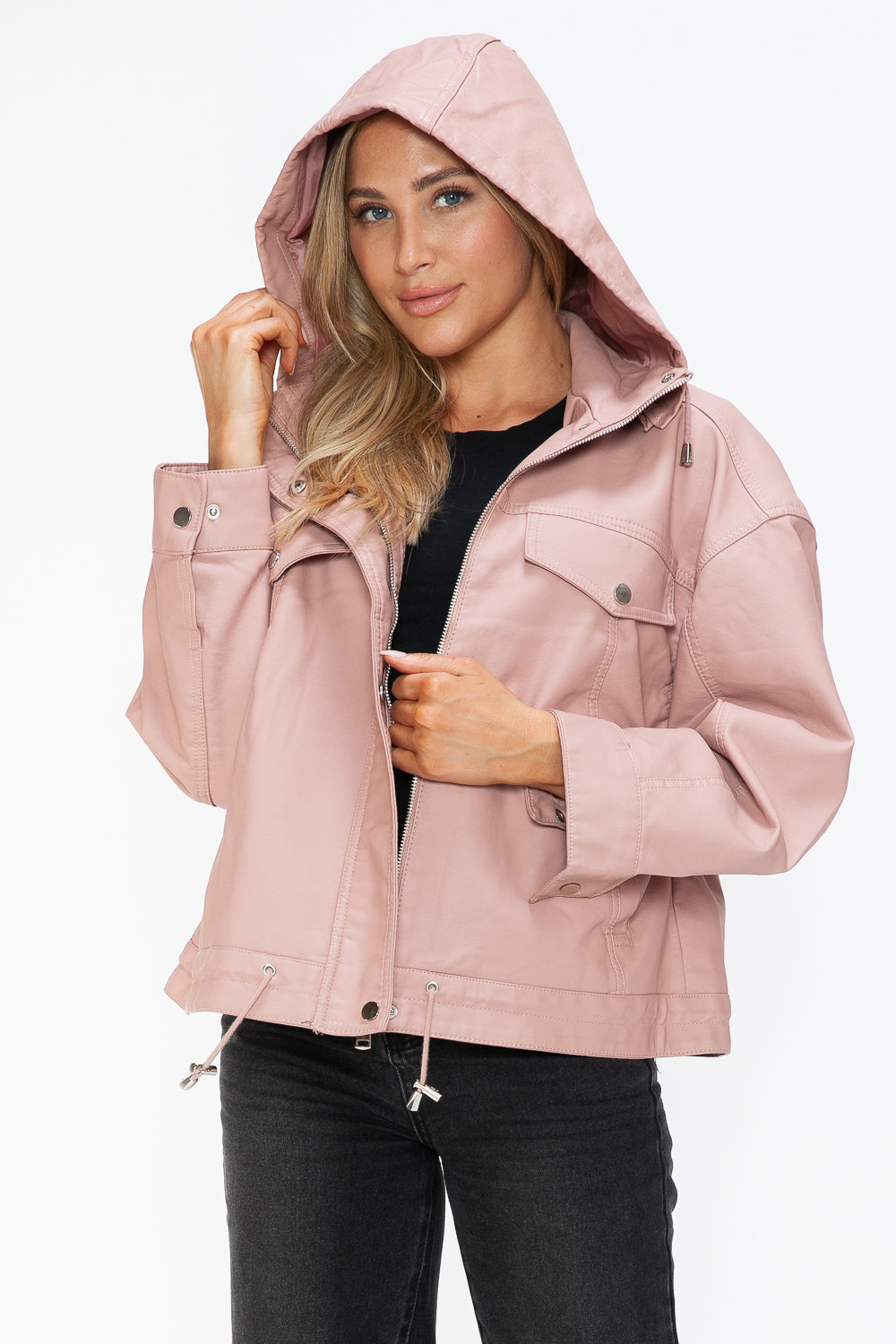 How Dare U Drawstring Hem PU Leather Zip Up Jacket 15556 | Gulf Resellers