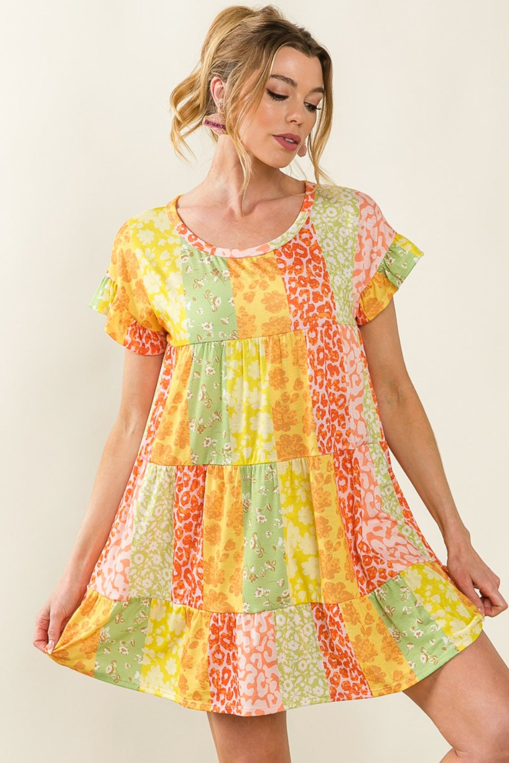 BiBi Leopard Short Sleeve Tiered Dress 5516 | Gulf Resellers