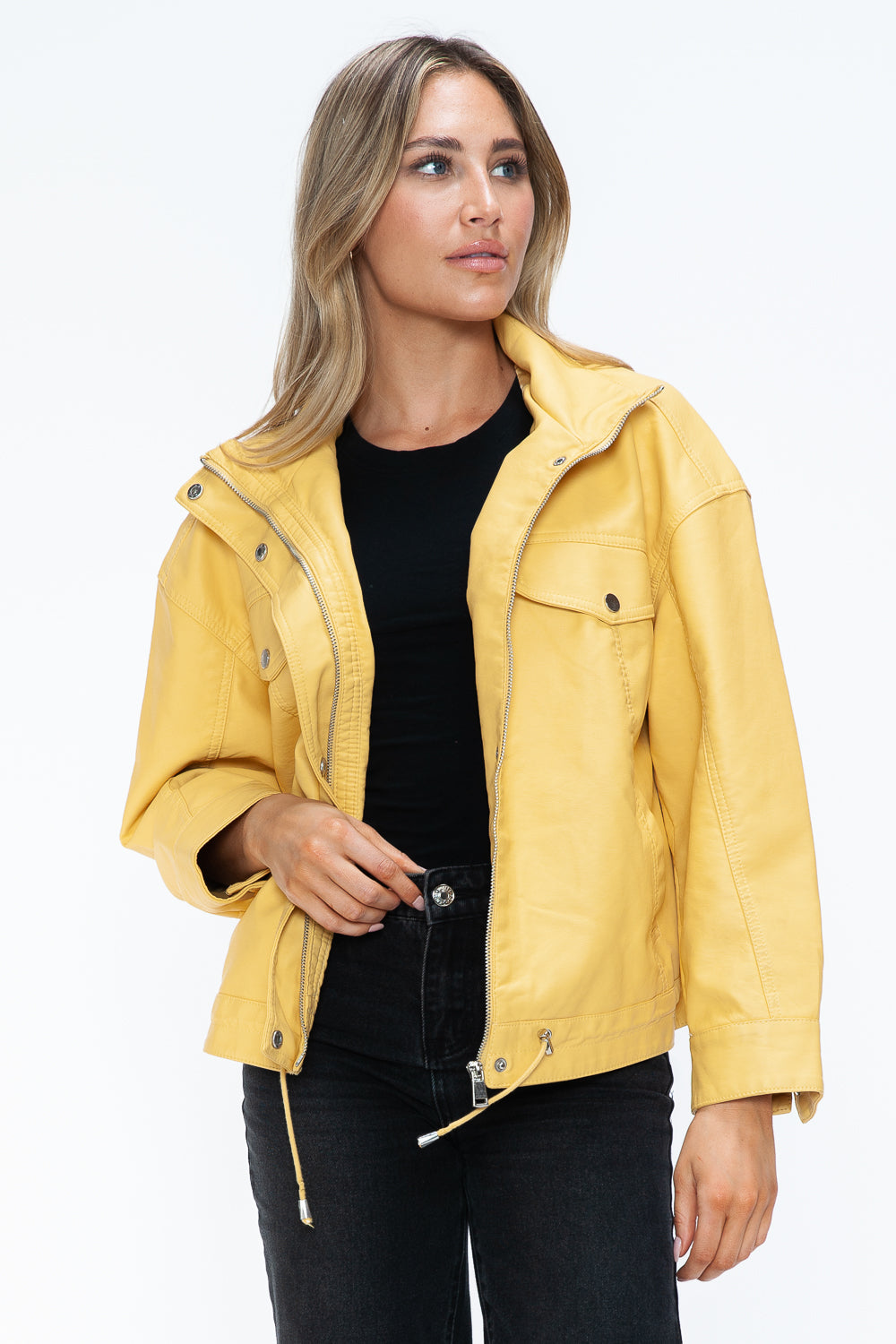 How Dare U Drawstring Hem PU Leather Zip Up Jacket 15672 | Gulf Resellers
