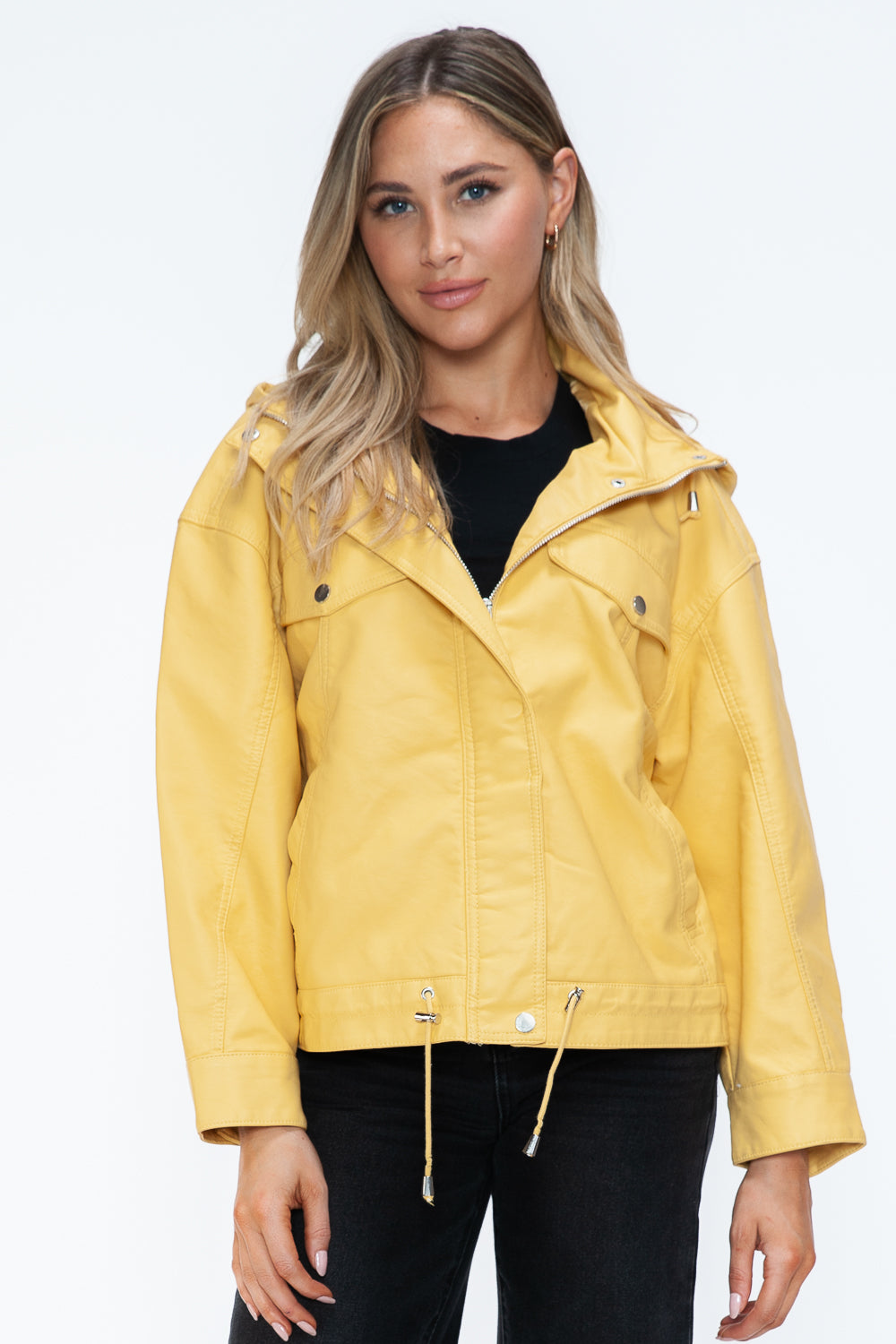 How Dare U Drawstring Hem PU Leather Zip Up Jacket 15667 | Gulf Resellers