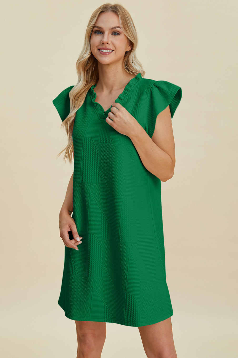 Double Take Full Size Ruffled V-Neck Cap Sleeve Dress 15075 | Gulf Resellers