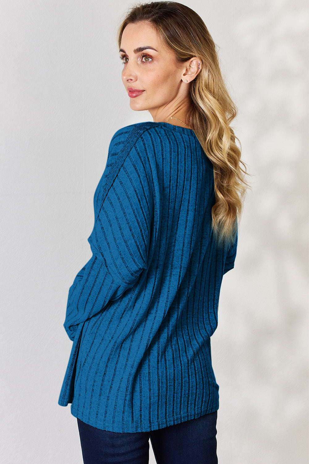 Basic Bae Full Size Ribbed Half Button Long Sleeve T-Shirt | Gulf Resellers