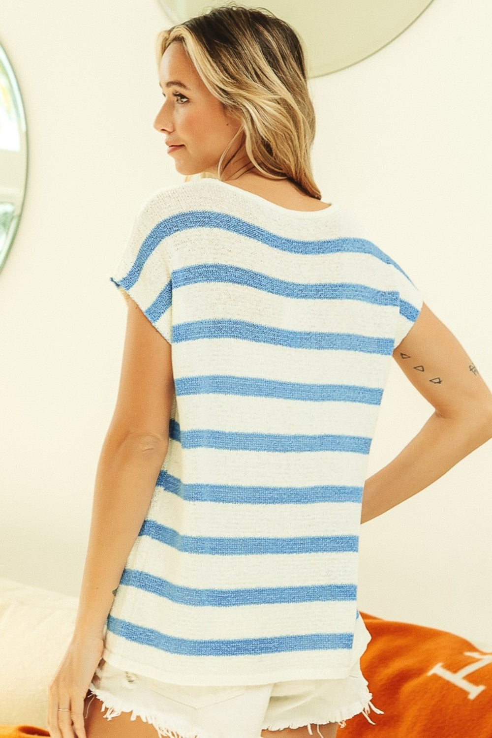 BiBi Striped Round Neck Short Sleeve Knit Top 8401 | Gulf Resellers