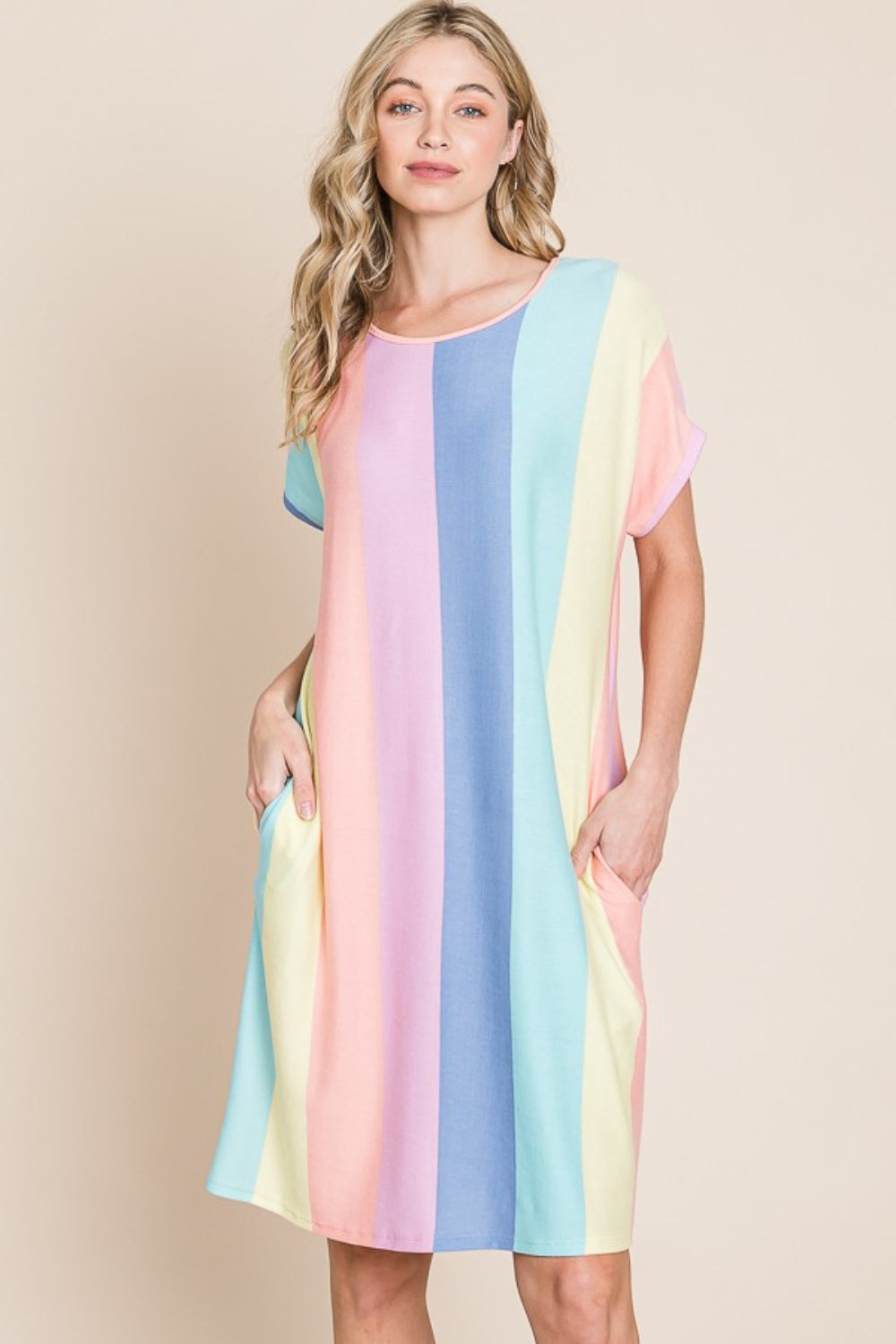 BOMBOM Striped Short Sleeve Dress with Pockets 6077 | Gulf Resellers
