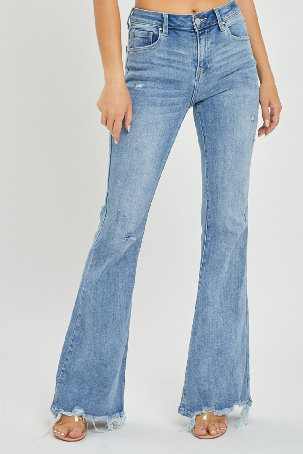 Risen Full Size High Rise Frayed Hem Flare Jeans 10657 | Gulf Resellers