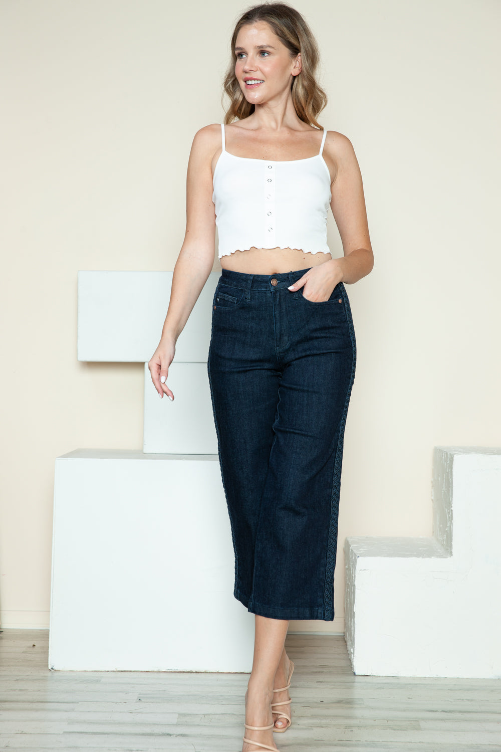 Judy Blue Full Size Side Seam Braid Detail Crop Wide Leg Jeans 10642 | Gulf Resellers
