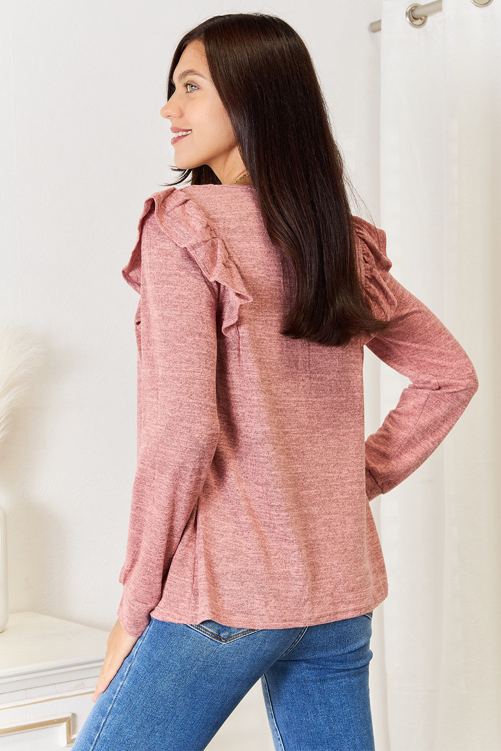 Double Take Square Neck Ruffle Shoulder Long Sleeve T-Shirt | Gulf Resellers