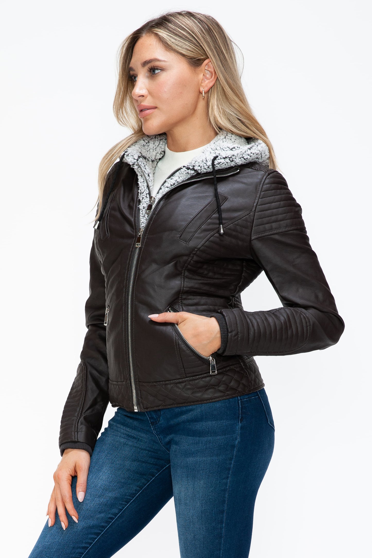YMI Faux Layered Double-Zipper Jacket with Fuzzy Hood 15946 | Gulf Resellers